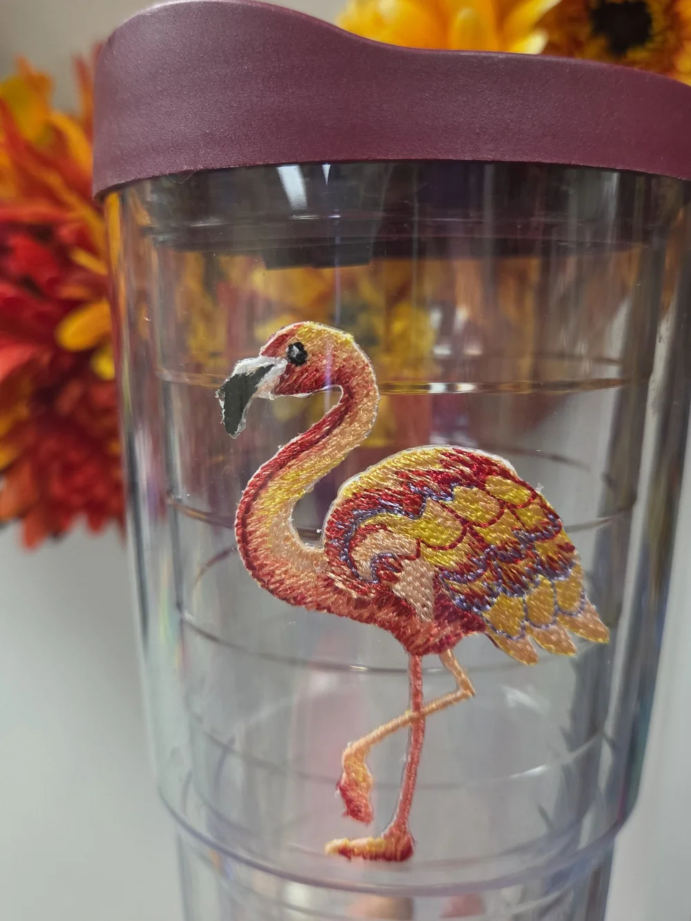 tervis Clear Tumbler with Maroon Lid and Multi-Color Flamingo